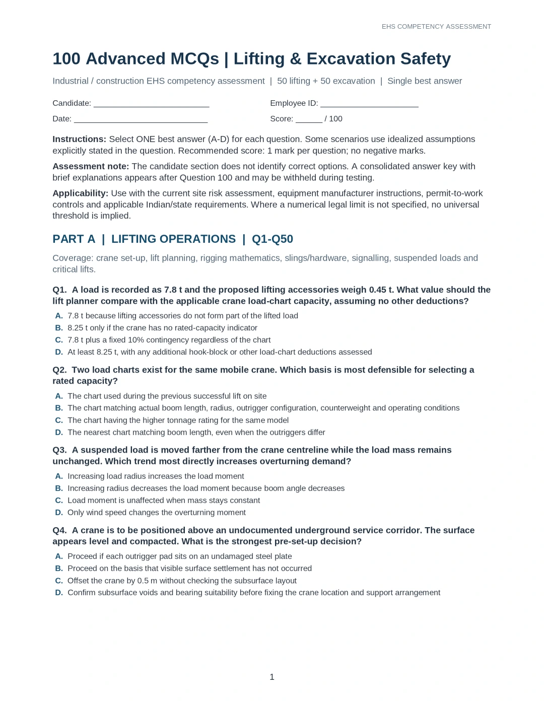 100 Advanced MCQs – Lifting & Excavation Safety