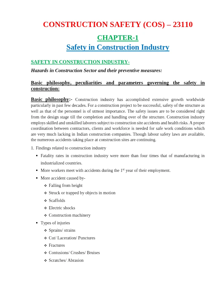 Chapter 1 – Safety in Construction Industry | Construction Safety (COS)