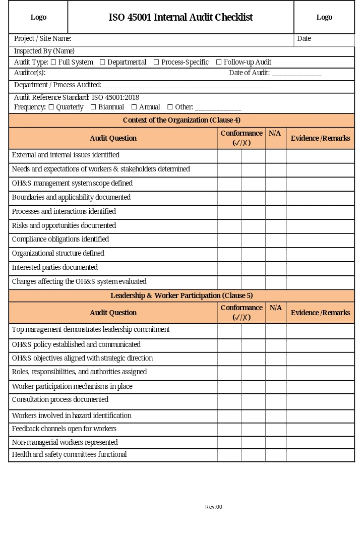 ISO 45001:2018 Internal Audit Checklist – Occupational Health and Safety Management System