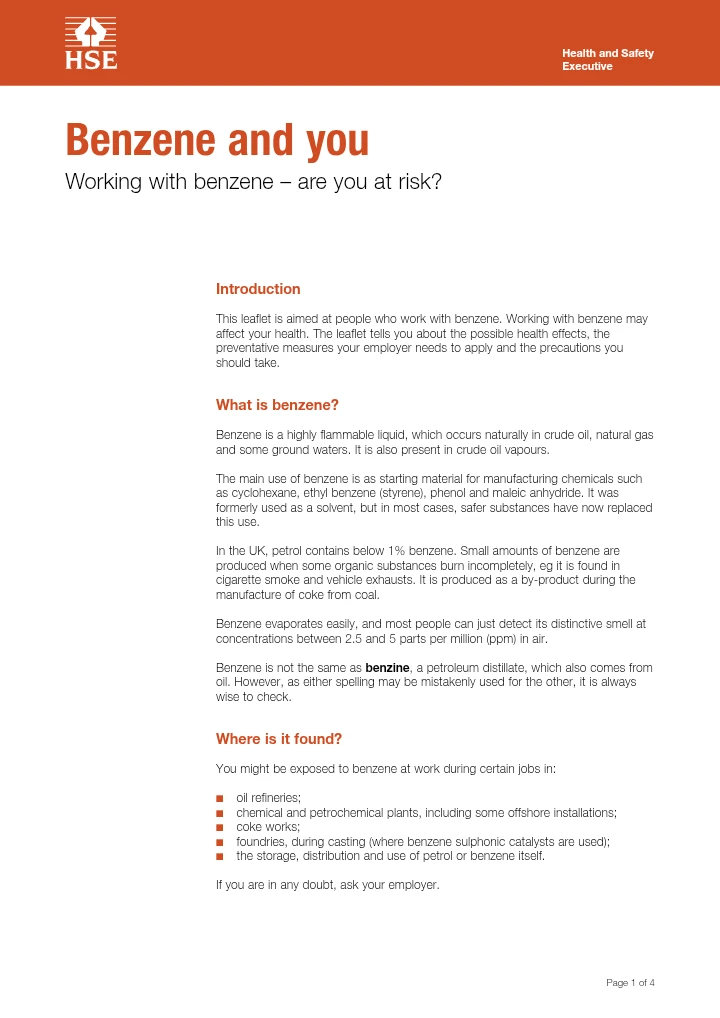 Benzene and You – Working with Benzene: Are You at Risk?
