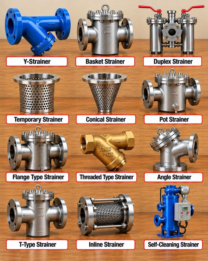 Types of Industrial Strainers – Y-Type, Basket, Duplex, T-Type, Inline and Self-Cleaning Strainers