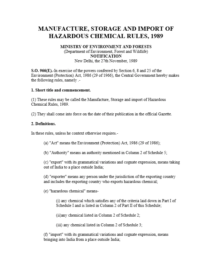 Manufacture, Storage and Import of Hazardous Chemicals (MSIHC) Rules, 1989