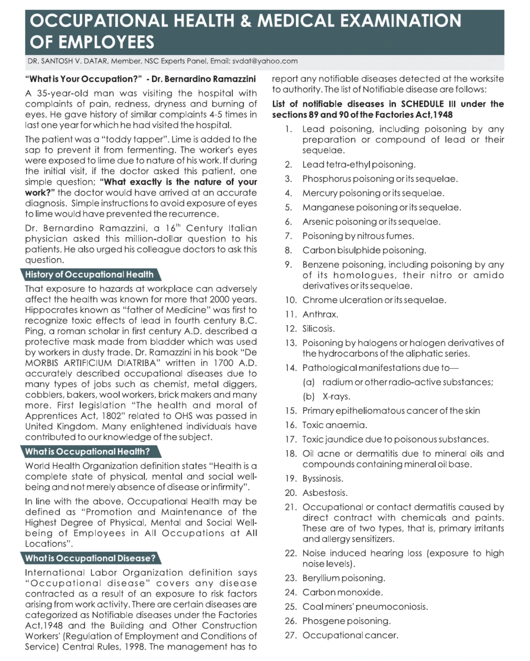 Occupational Health & Medical Examination of Employees