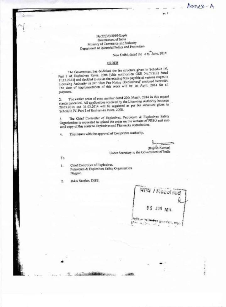 PESO Licensing Fees and User Fee Framework: Explosives Rules, Gas Cylinders Rules, Petroleum Rules, Ammonium Nitrate Rules, SMPV Rules and Calcium Carbide Rules