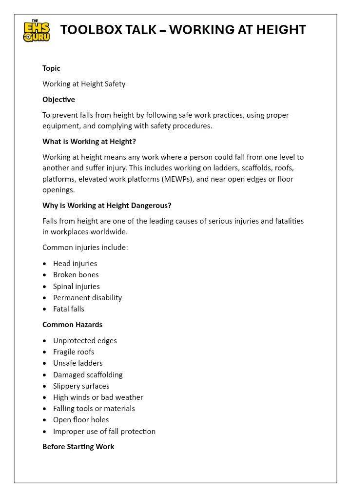 TOOLBOX TALK – WORKING AT HEIGHT