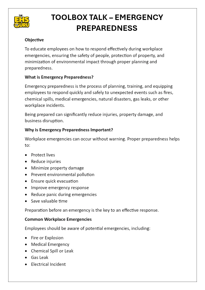 TOOLBOX TALK – EMERGENCY PREPAREDNESS