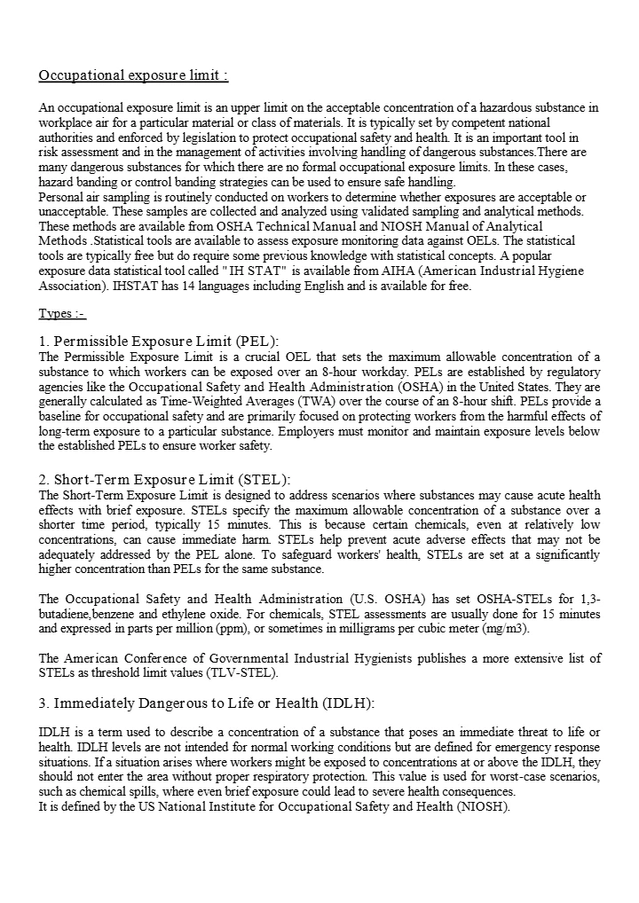 Occupational Exposure Limits (OELs) – PEL, STEL, IDLH, TWA, Ceiling Limits & Exposure Banding