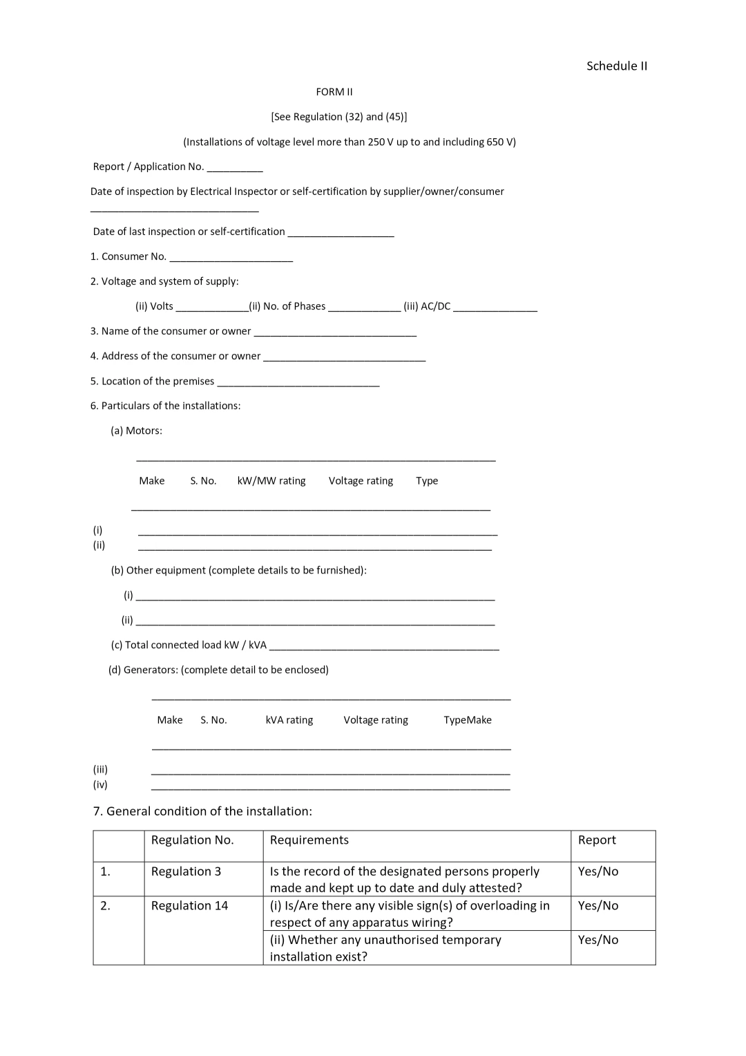 Electrical Installation Inspection Report (Form-II) – Voltage More Than 250V and Up to 650V