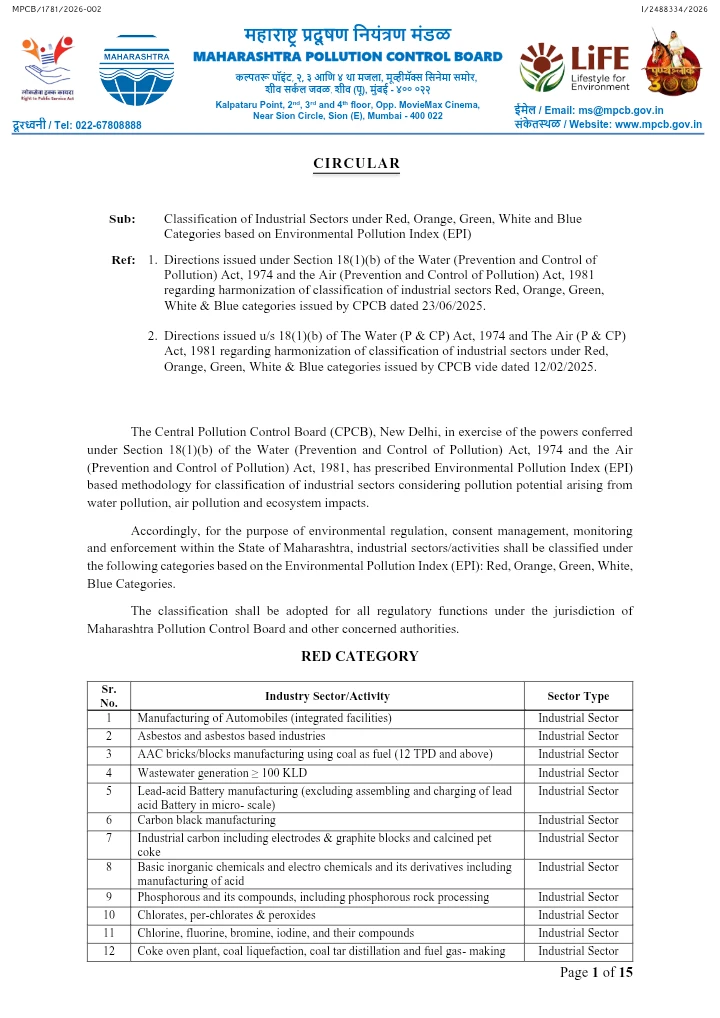 MPCB Circular 2026 – Classification of Industrial Sectors under Red, Orange, Green, White and Blue Categories based on Environmental Pollution Index (EPI)