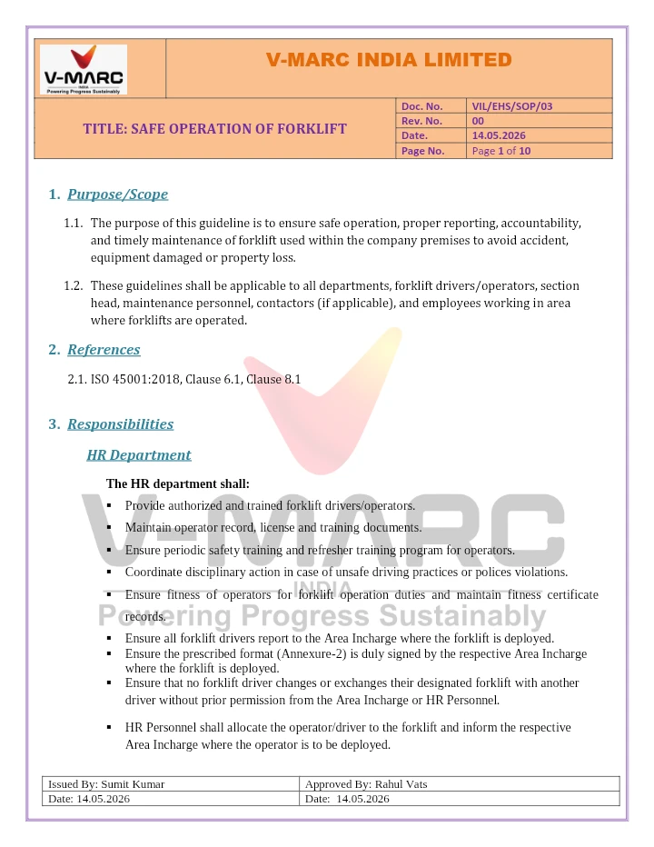 Safe Operation of Forklift – SOP | V-MARC India Limited
