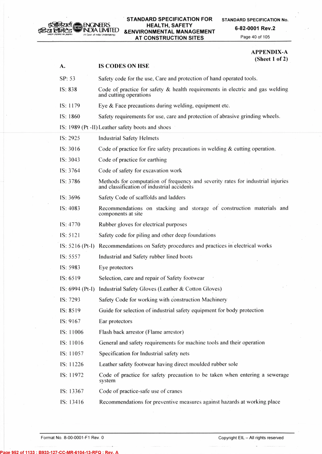 EIL Standard Specification for Health, Safety & Environmental Management at Construction Sites (Rev. 2)
