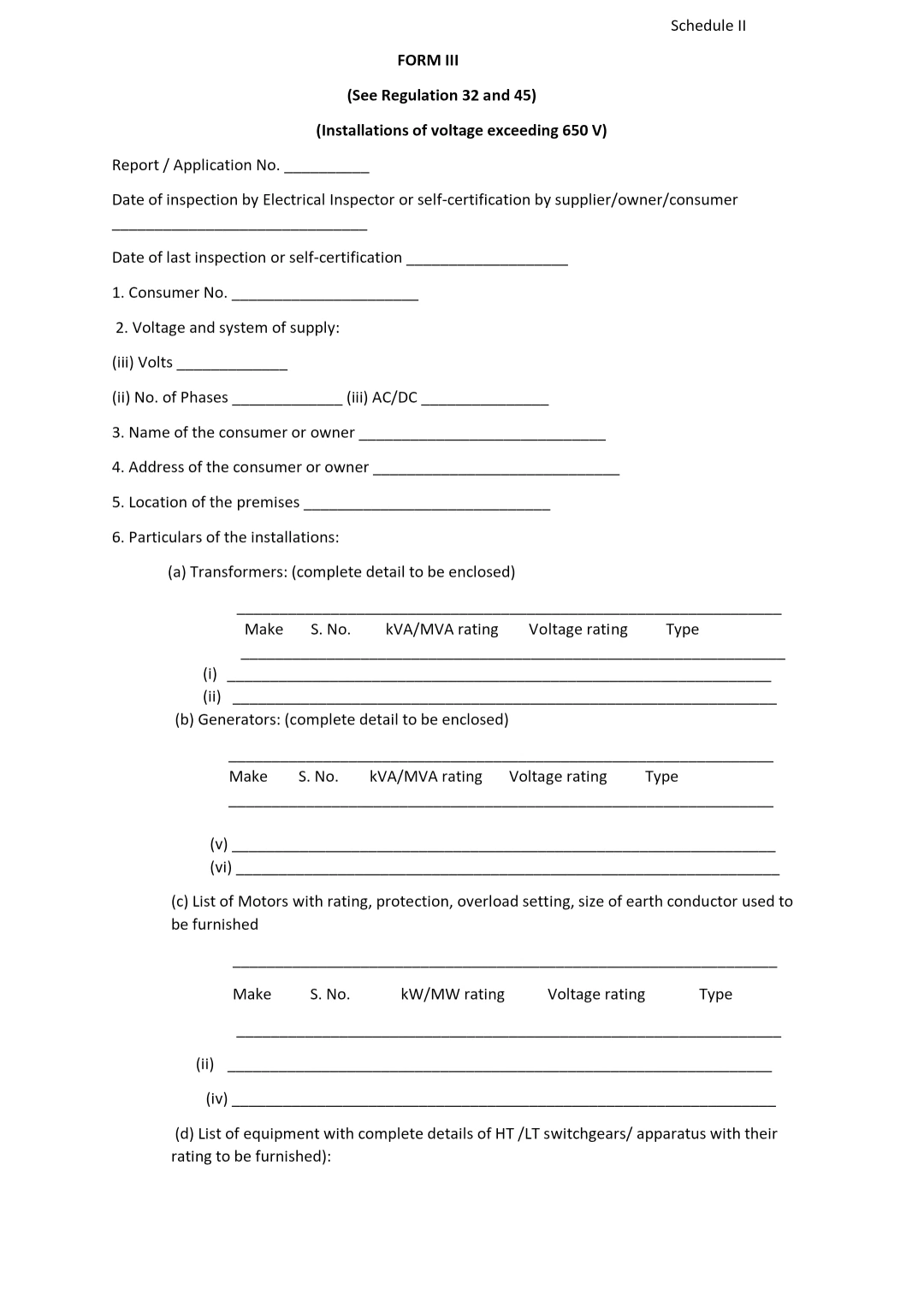 Electrical Installation Inspection Report (Form-III) – Installations Exceeding 650V