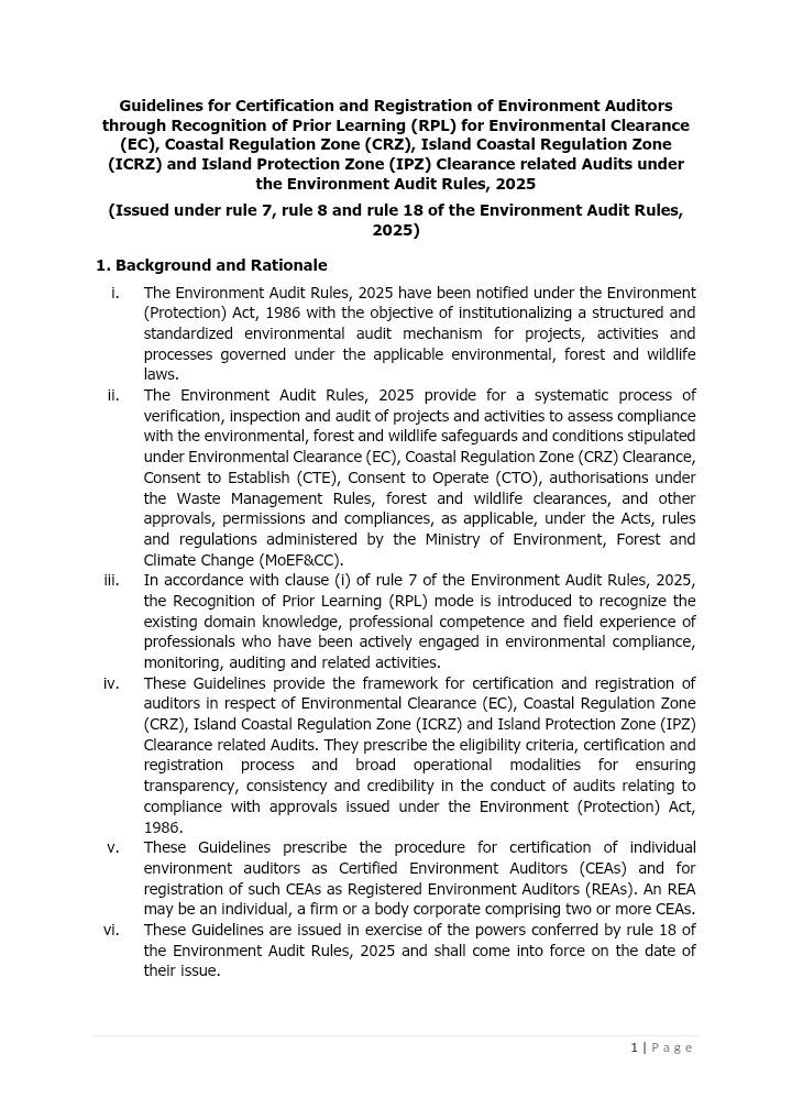 Guidelines issued under the Environment Audit Rules, 2025 establishing the Recognition of Prior Learning (RPL) framework for certification and registration of Environment Auditors for Environmental Cl