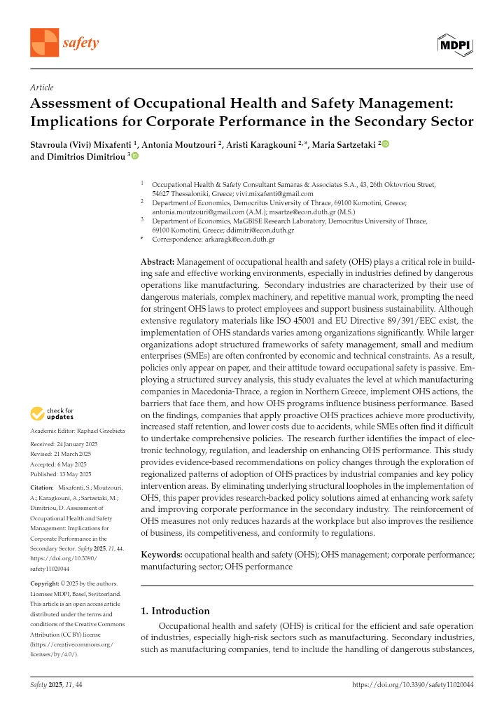 Assessment of Occupational Health and Safety Management: Implications for Corporate Performance in the Secondary Sector
