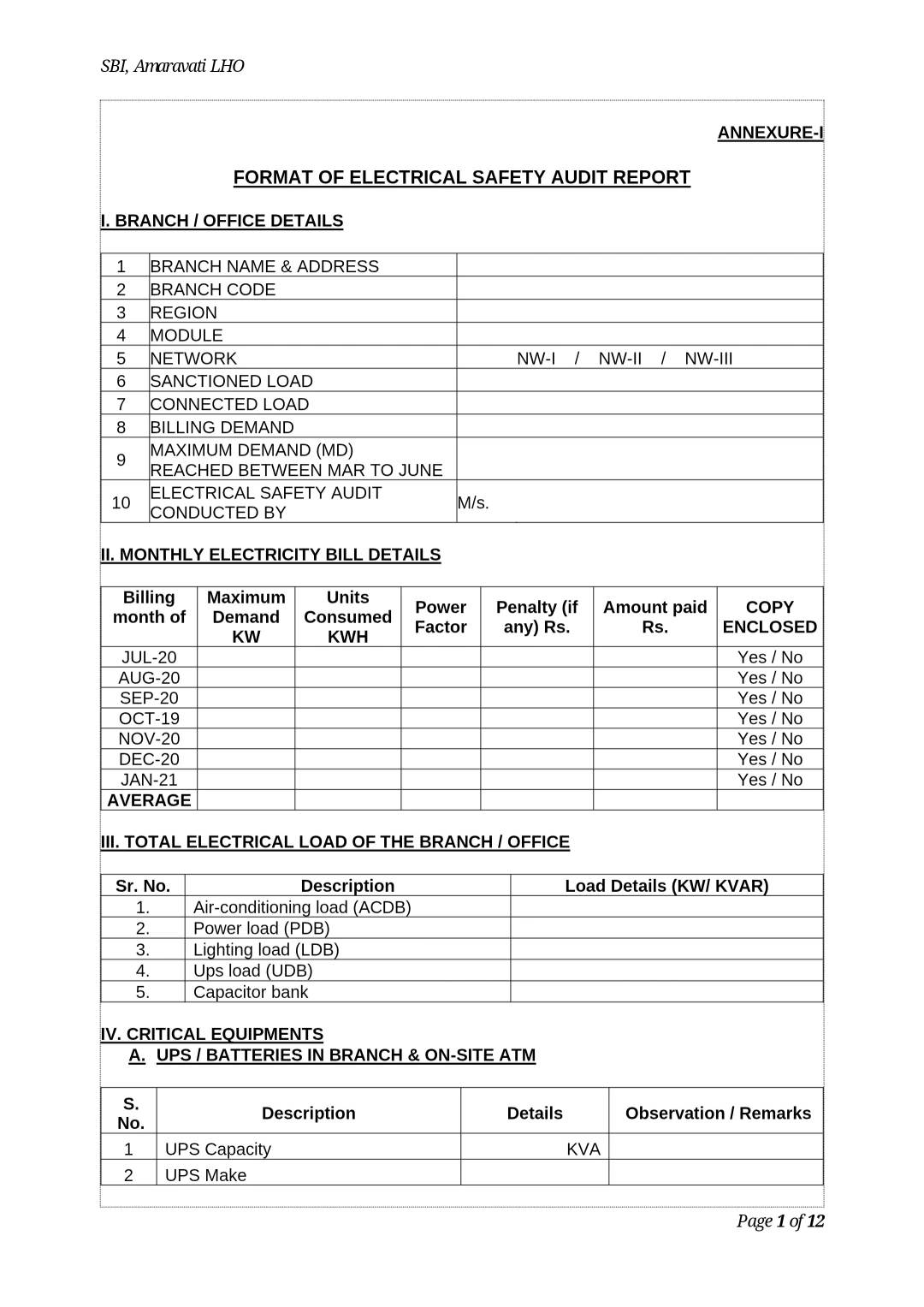 Electrical Safety Audit Report Format for Branches, Offices & Buildings with HT Substations
