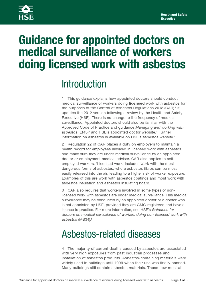 Guidance for Appointed Doctors on Medical Surveillance of Workers Doing Licensed Work with Asbestos – MS31