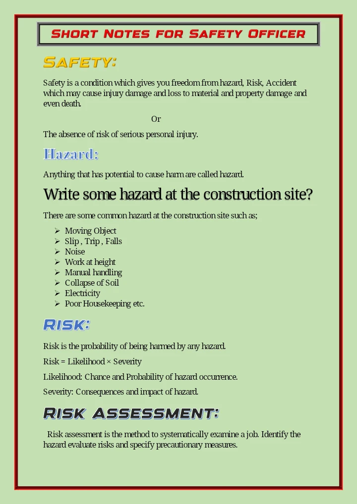 Short Notes for Safety Officer – HSE Safety Handbook