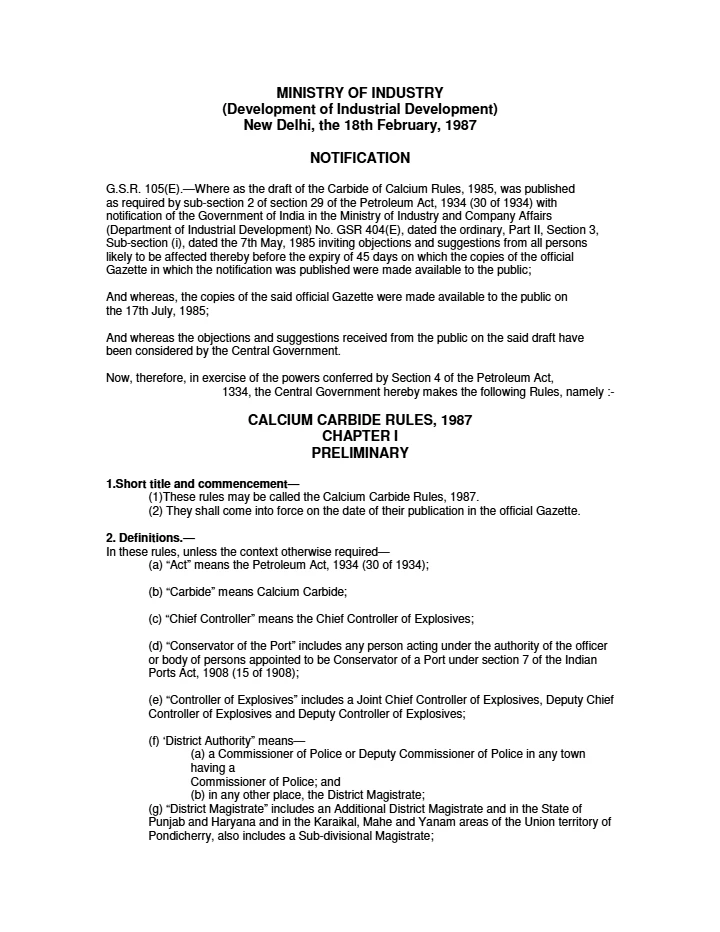 Calcium Carbide Rules, 1987