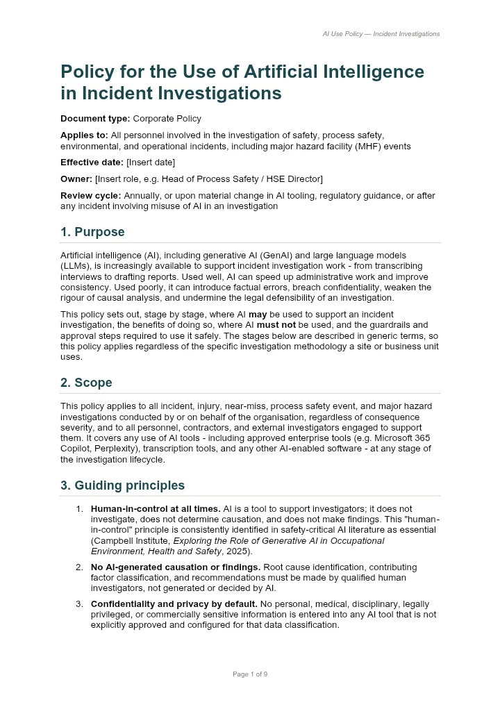 Policy for the Use of Artificial Intelligence in Incident Investigations