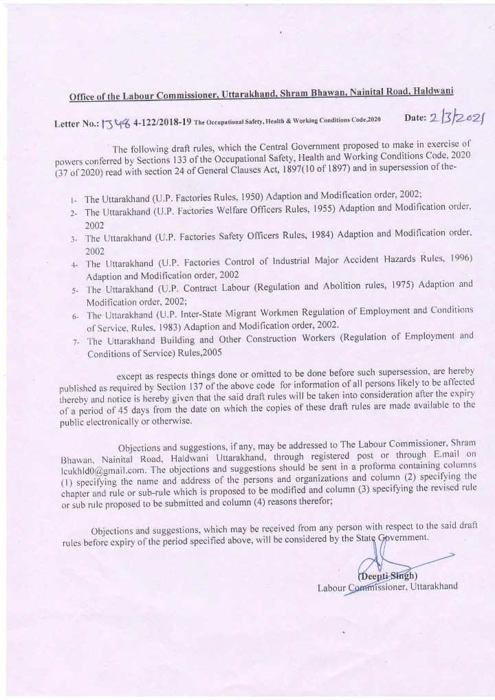 Uttarakhand Occupational Safety, Health and Working Conditions Rules, 2021