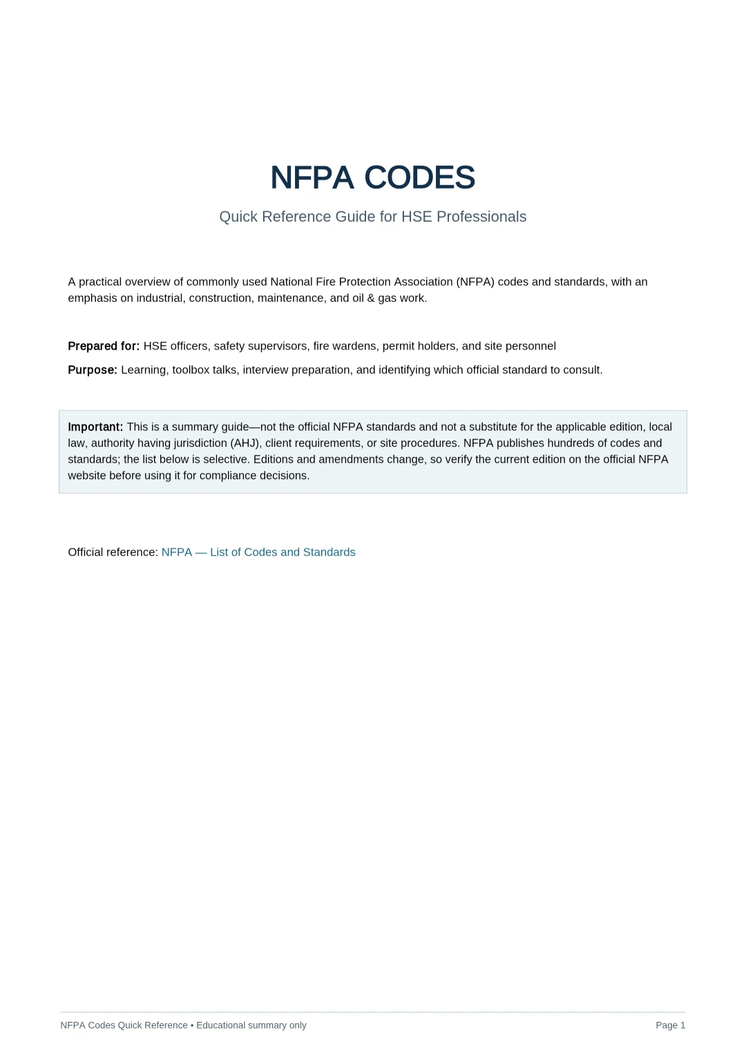 NFPA Codes – Quick Reference Guide for HSE Professionals