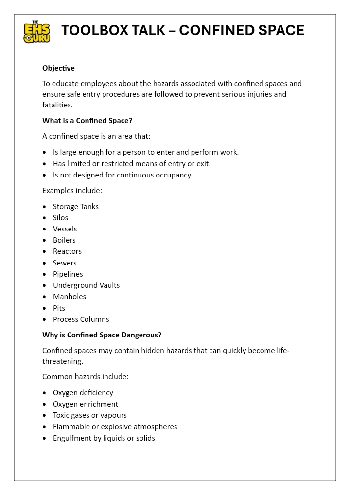 TOOLBOX TALK – CONFINED SPACE