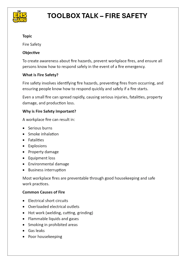TOOLBOX TALK – FIRE SAFETY