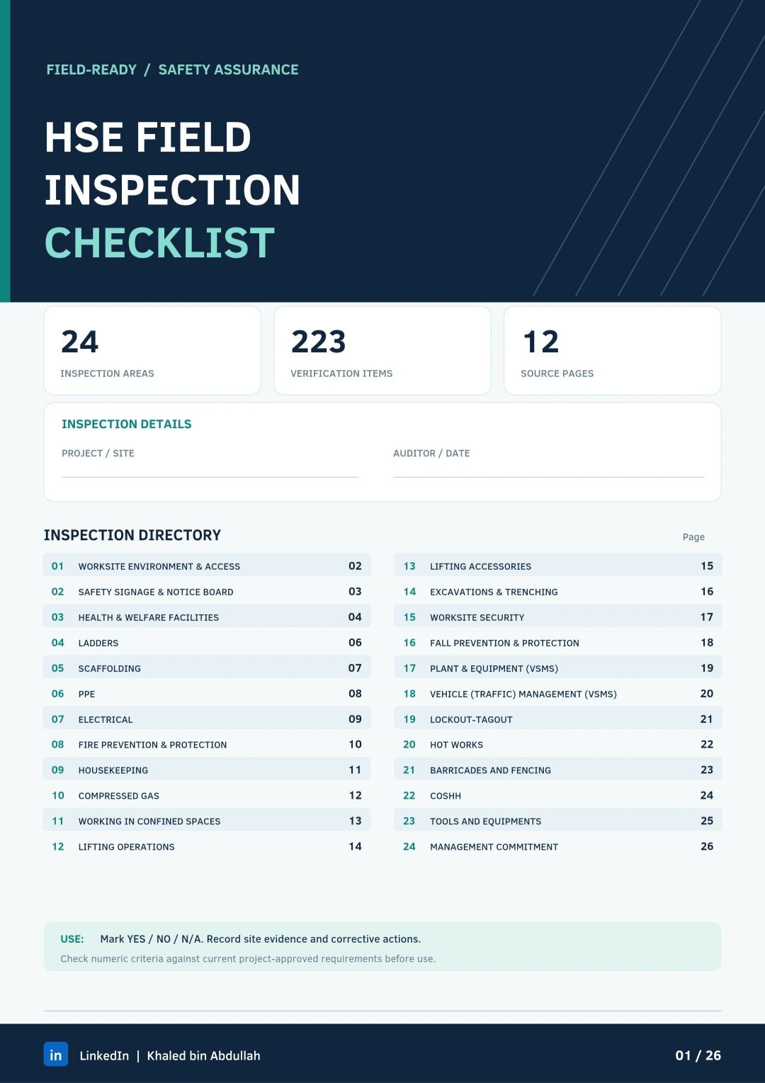 HSE Field Inspection Checklist – 223 Checkpoints Across 24 Safety Areas