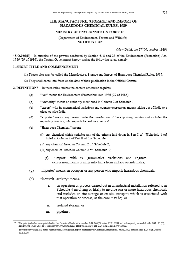 Manufacture, Storage and Import of Hazardous Chemicals (MSIHC) Rules, 1989