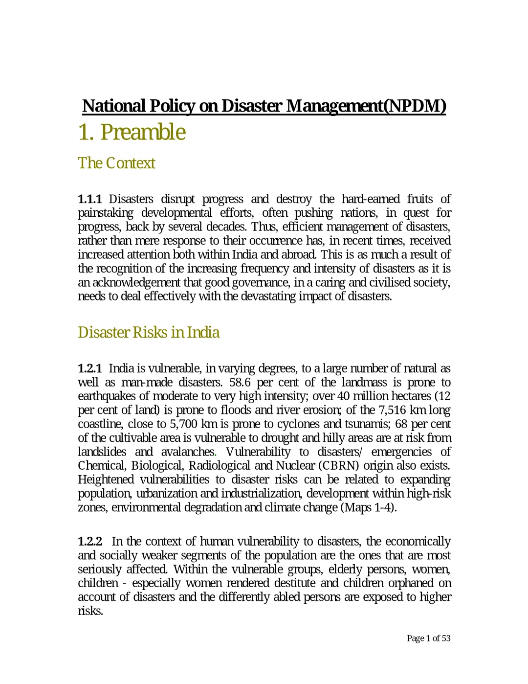 National Policy on Disaster Management (NPDM), 2009