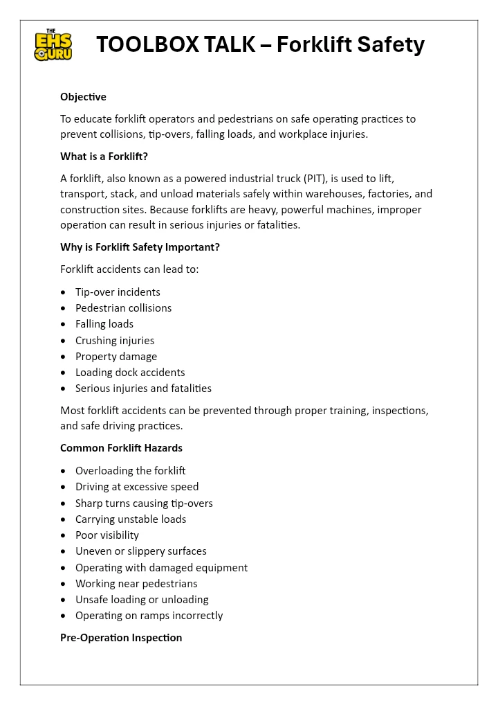 TOOLBOX TALK – Forklift Safety