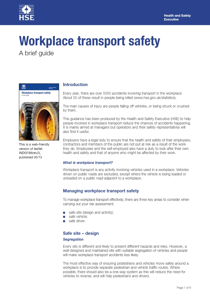 Workplace Transport Safety – A Brief Guide (INDG199)