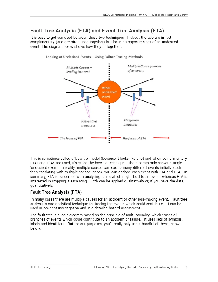 Fault Tree Analysis (FTA) and Event Tree Analysis (ETA) – NEBOSH National Diploma Unit A