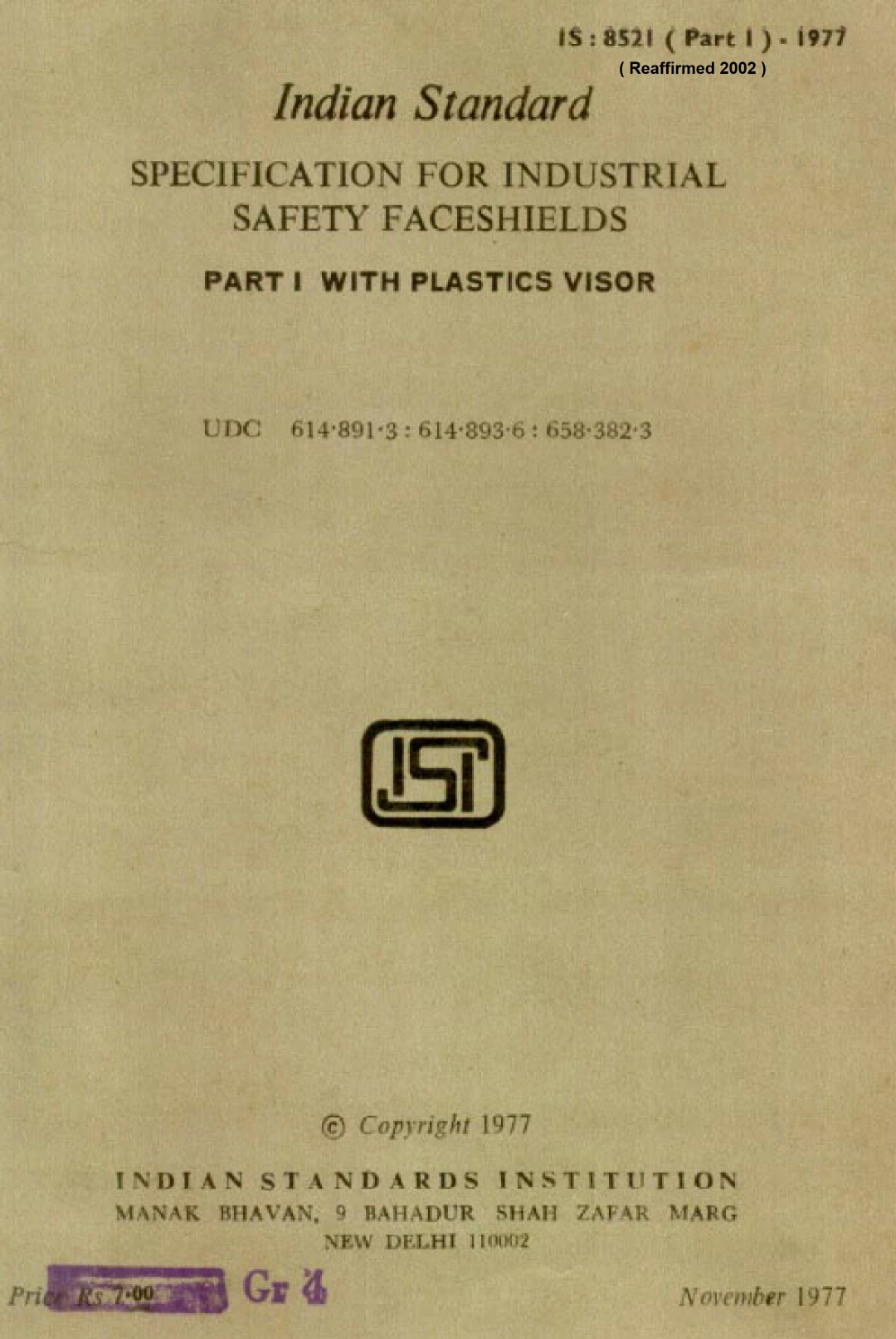 IS 8521 (Part 1):1977  Industrial Safety Faceshields (Part 1) With Plastics Visor