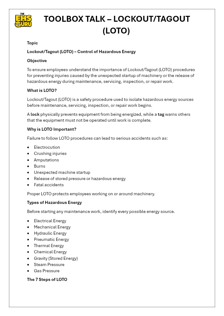 TOOLBOX TALK – LOCKOUT/TAGOUT (LOTO)