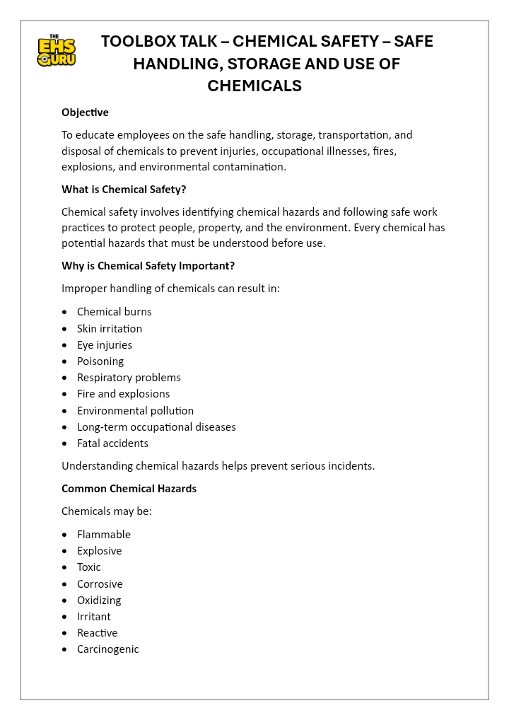 TOOLBOX TALK – CHEMICAL SAFETY – SAFE HANDLING, STORAGE AND USE OF CHEMICALS
