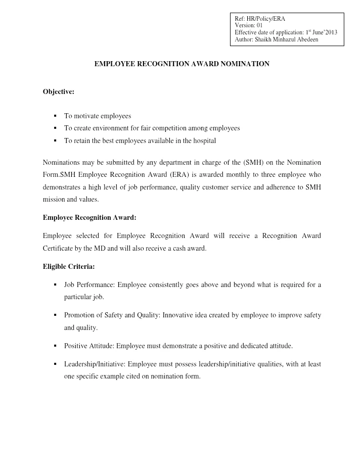 Employee Recognition Award Nomination Form – Performance, Safety & Quality