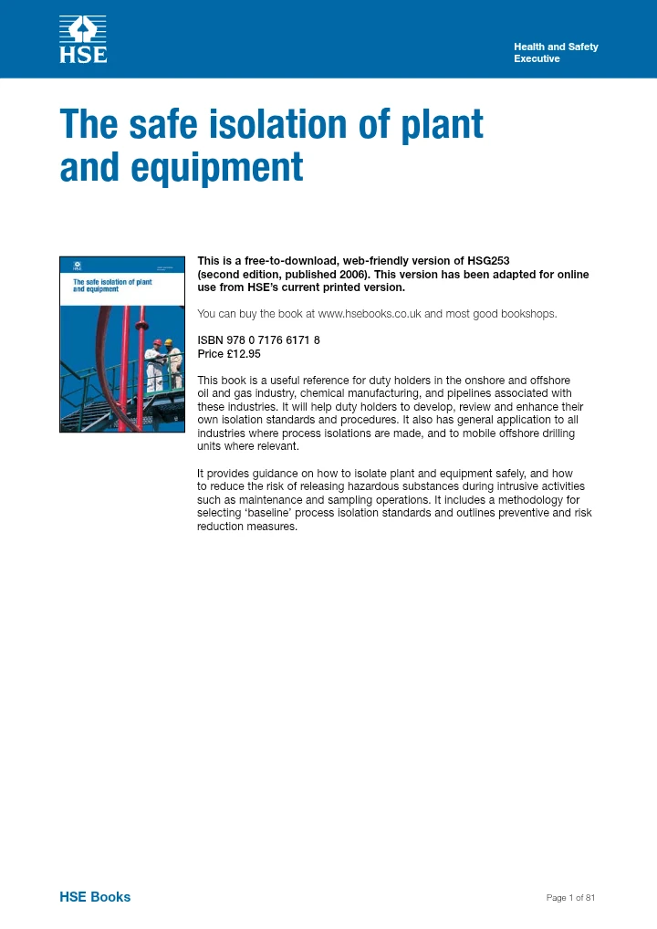 The Safe Isolation of Plant and Equipment – HSG253