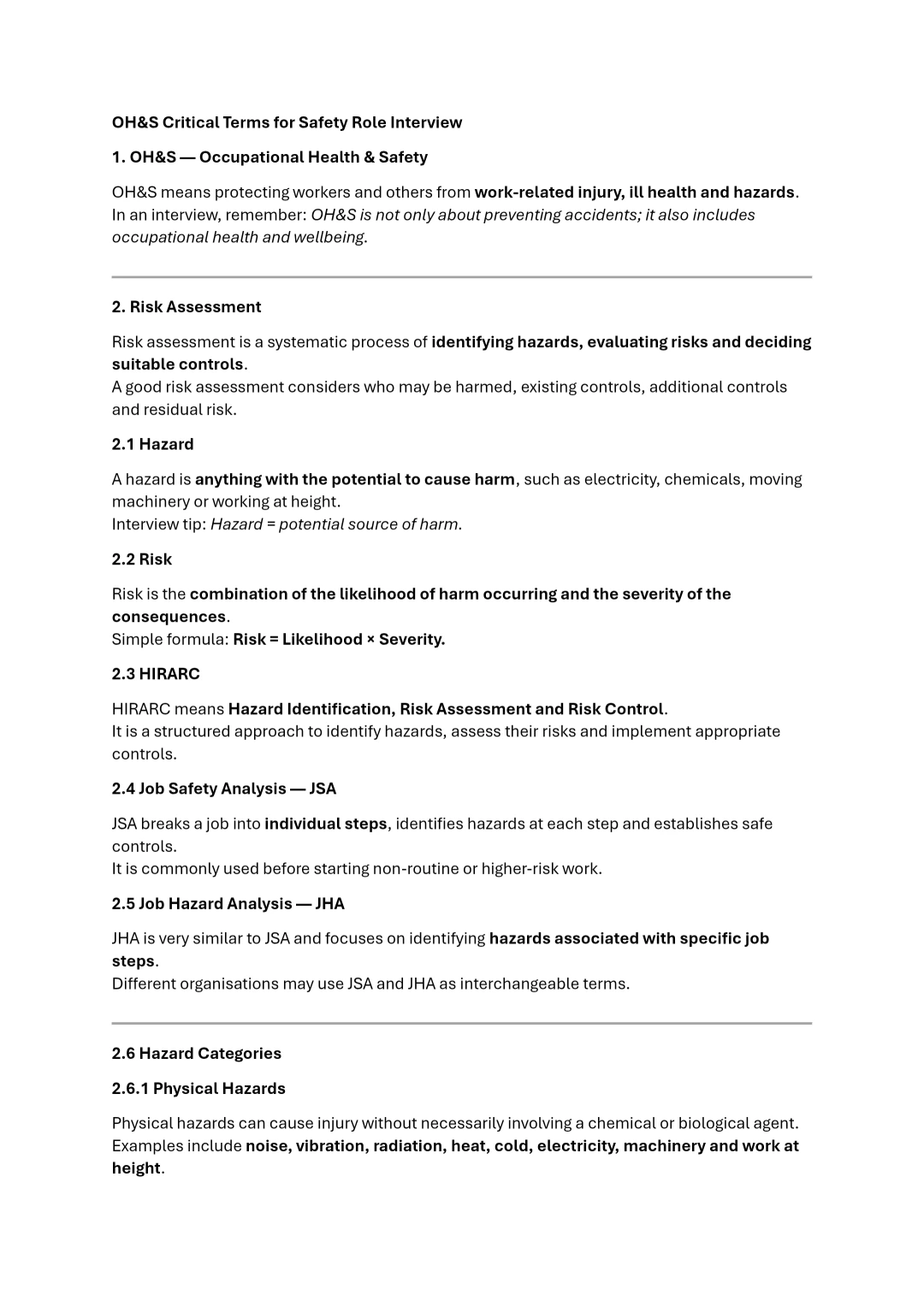 OH&S Critical Terms for Safety Role Interview – Essential HSE Definitions and Concepts