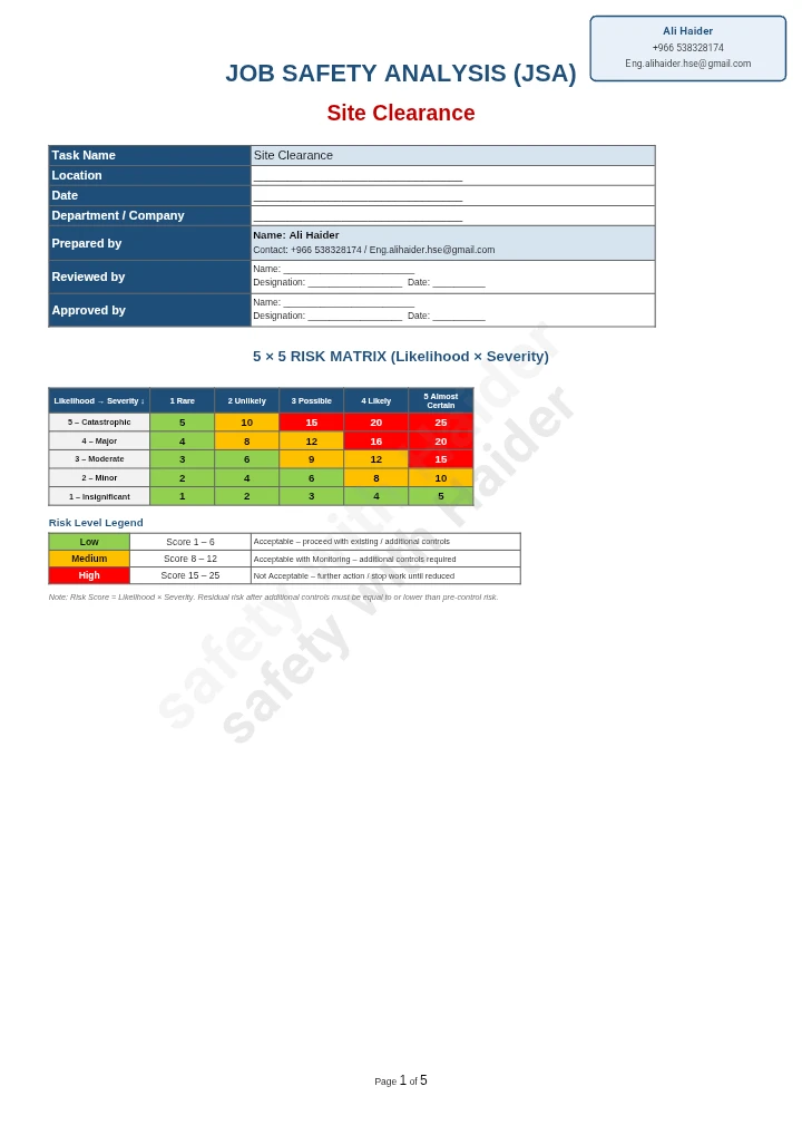 JOB SAFETY ANALYSIS (JSA) – Site Clearance
