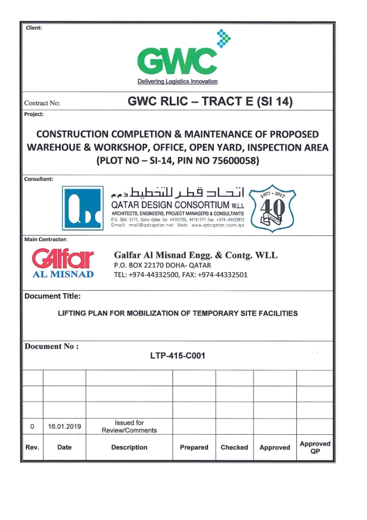 Lifting Plan for Mobilization of Temporary Site Facilities