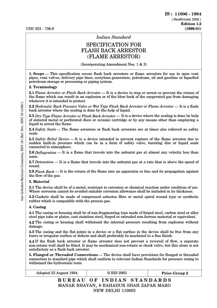 IS 11006:1984 – Specification for Flash Back Arrestor (Flame Arrestor)