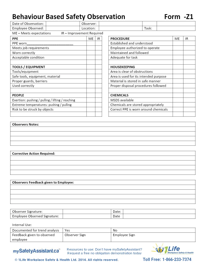 Behaviour Based Safety Observation Form – Z1