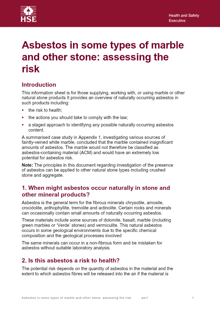 Asbestos in Some Types of Marble and Other Stone: Assessing the Risk