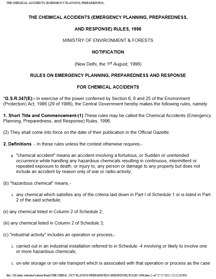 The Chemical Accidents (Emergency Planning, Preparedness and Response) Rules, 1996