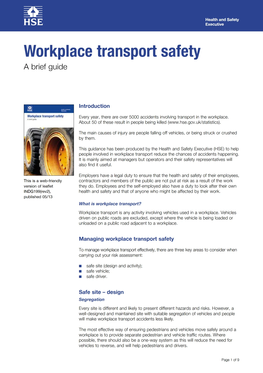 Workplace Transport Safety – A Brief Guide | HSE INDG199
