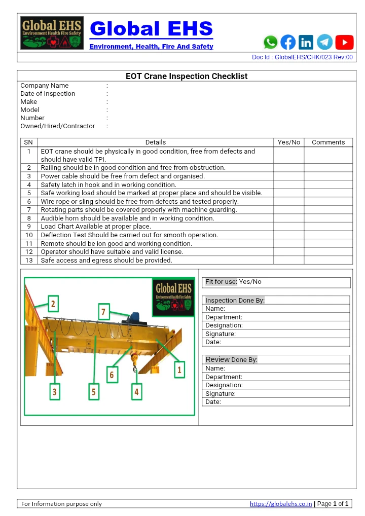 EOT Crane Inspection Checklist – Overhead Crane Safety & Pre-Use Inspection