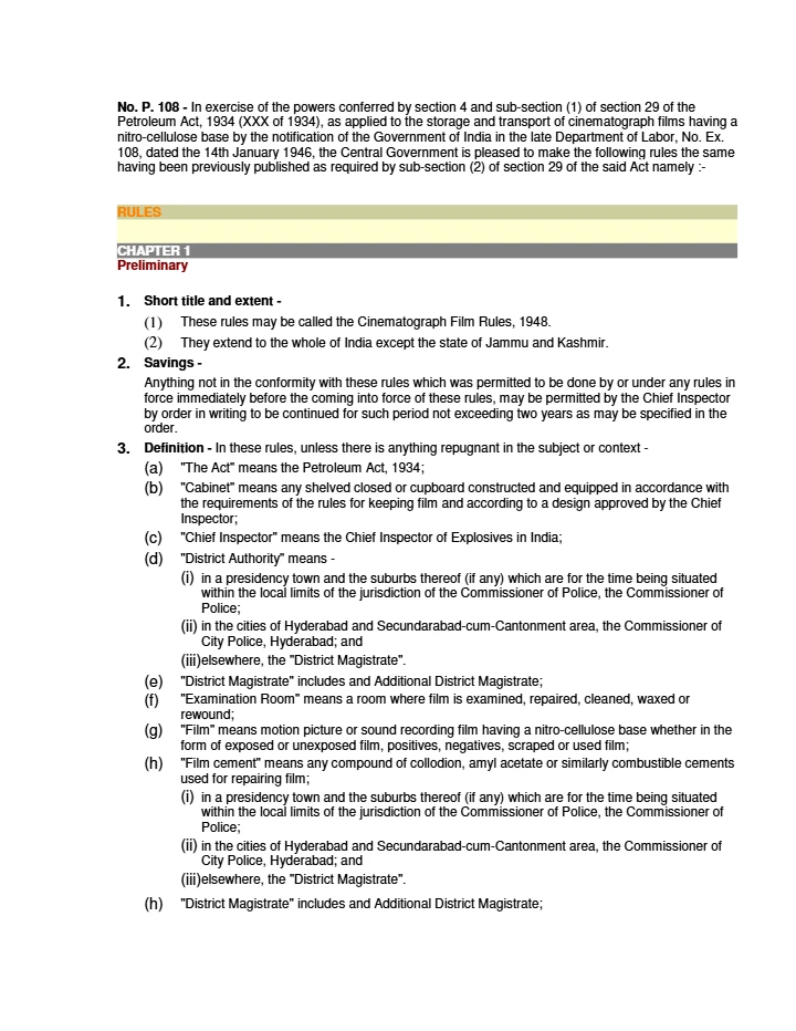Cinematograph Film Rules, 1948: Safety Regulations for Storage, Handling and Transport of Nitro-Cellulose Motion Picture Films
