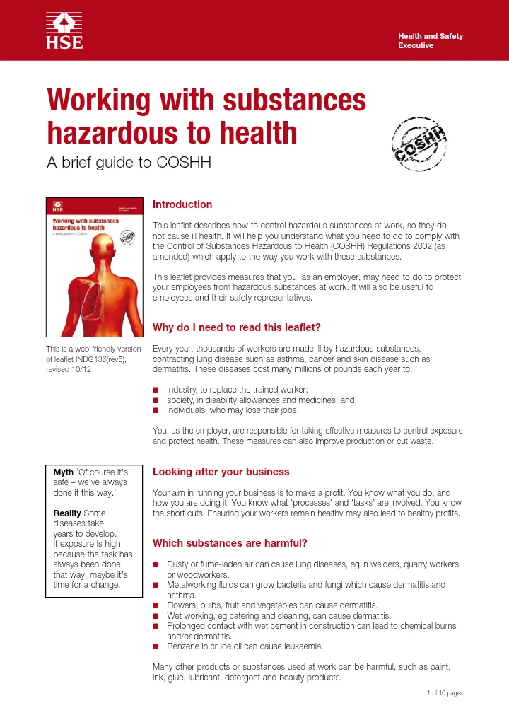 Working with Substances Hazardous to Health – A Brief Guide to COSHH