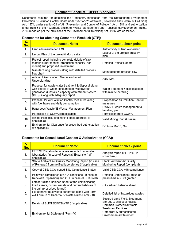UEPPCB Consent & Authorization Documentation Guide: Checklist for CTE and CCA Applications